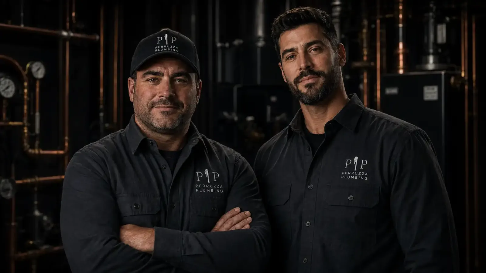 Professional plumbing team working on a luxury mechanical room
