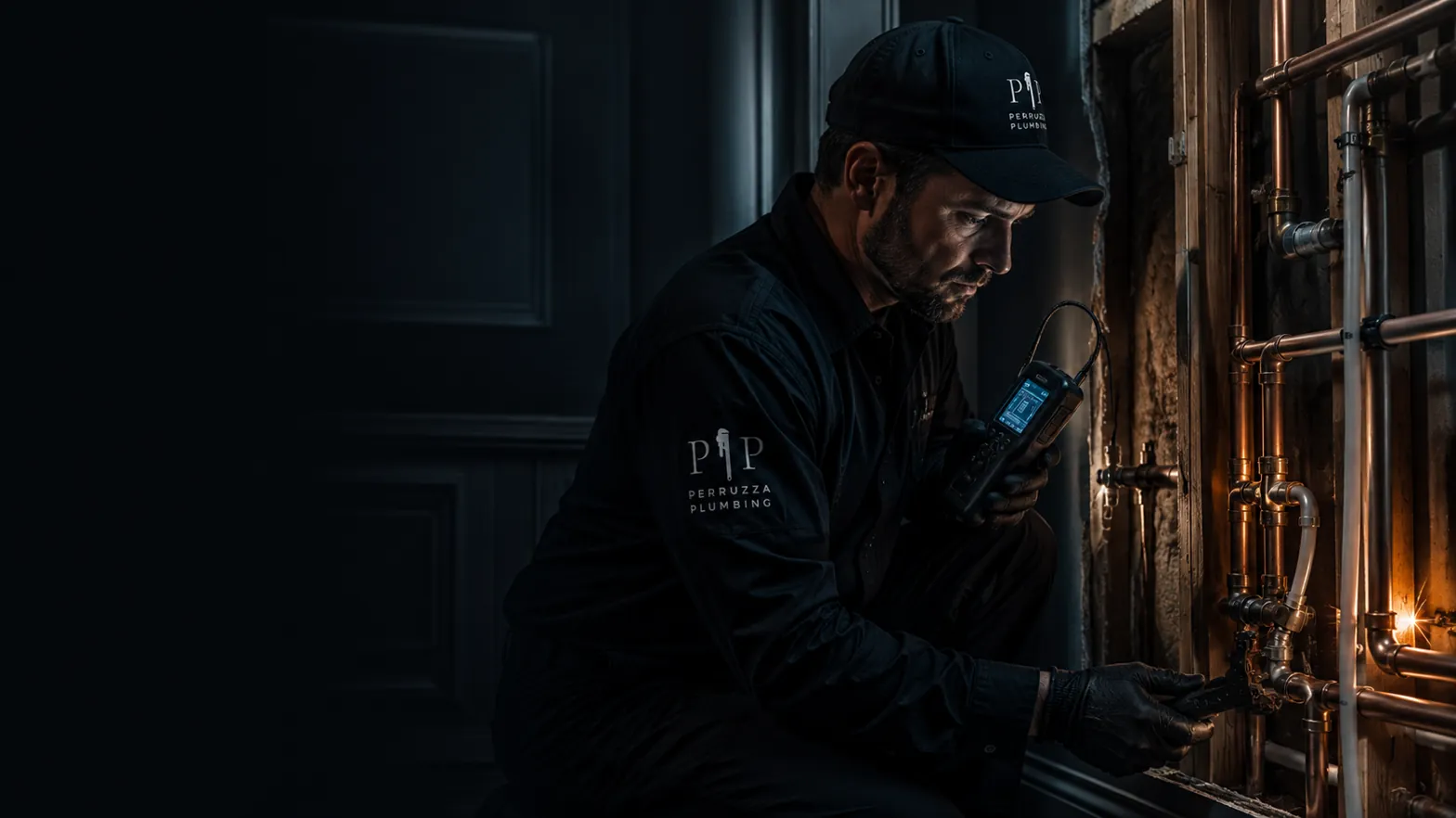 Plumber detecting and repairing a pipe leak with professional equipment