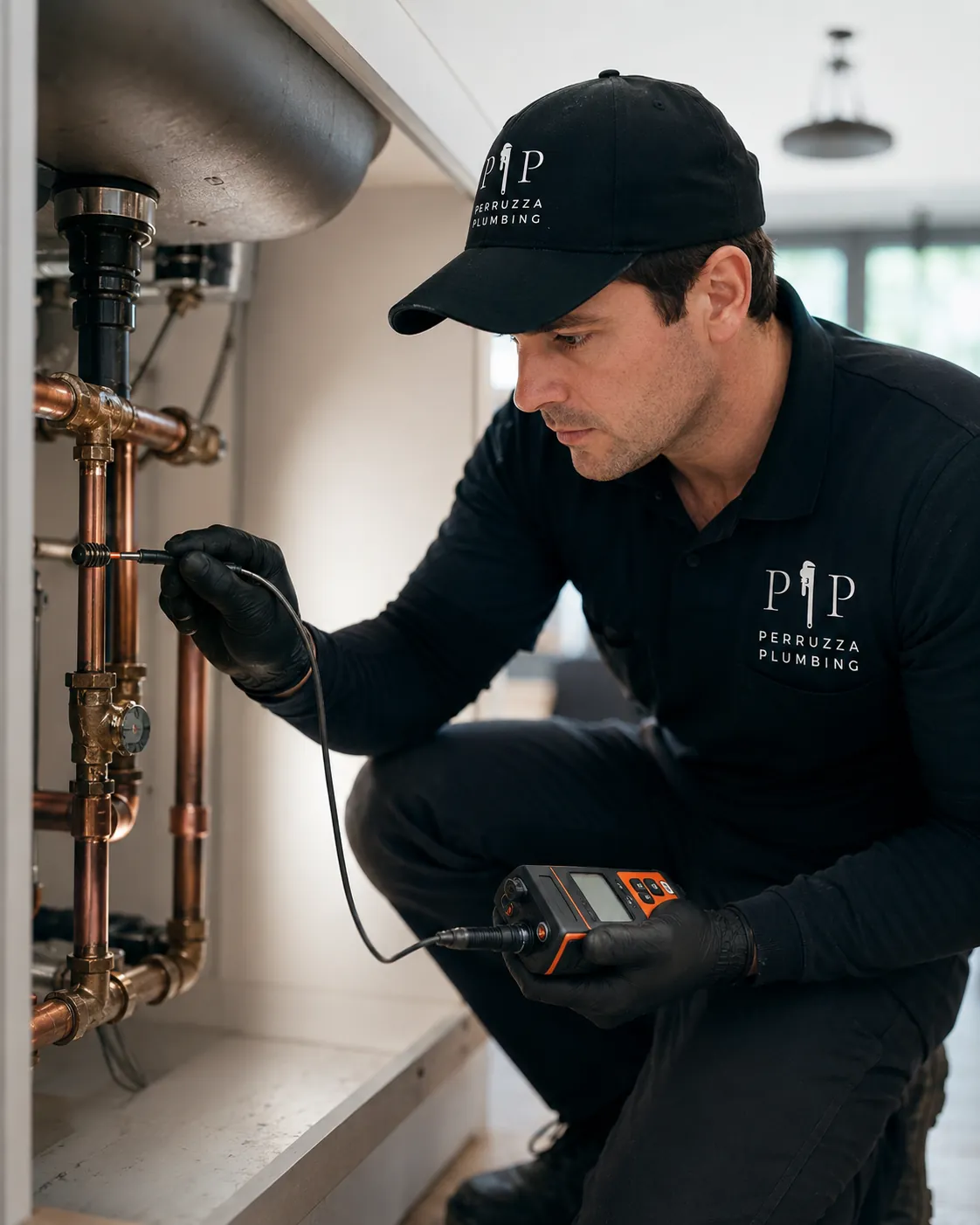 Plumber inspecting pipes for leak detection