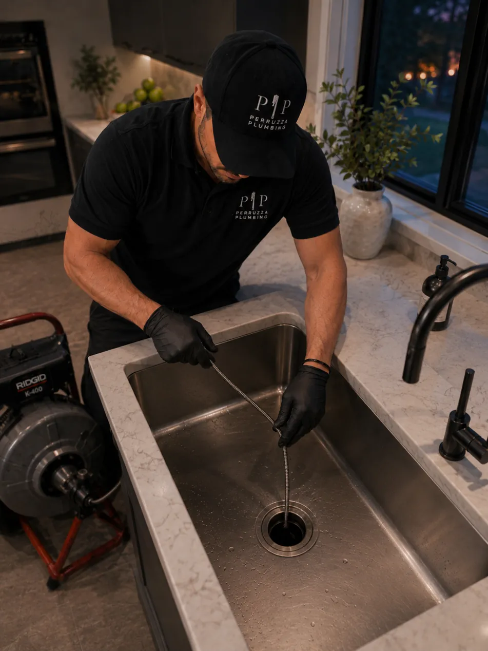 Plumber performing drain inspection in modern bathroom
