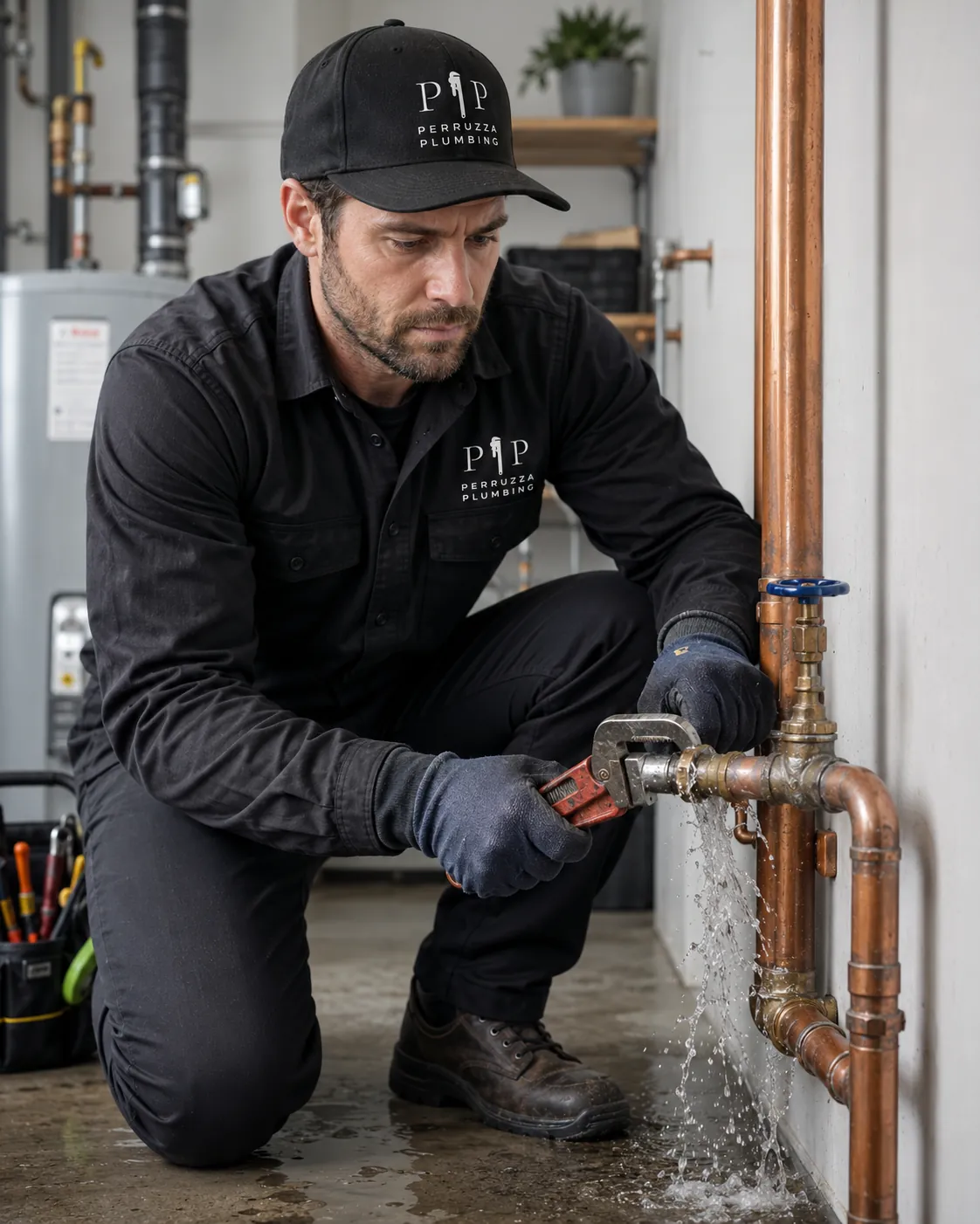 Emergency plumber fixing burst pipe under sink